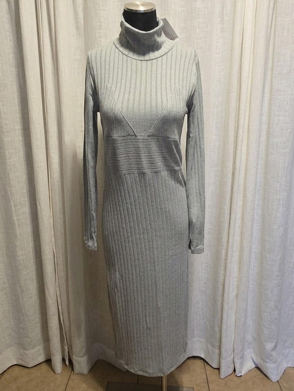 Zara Light Gray Ribbed Turtleneck Midi Dress